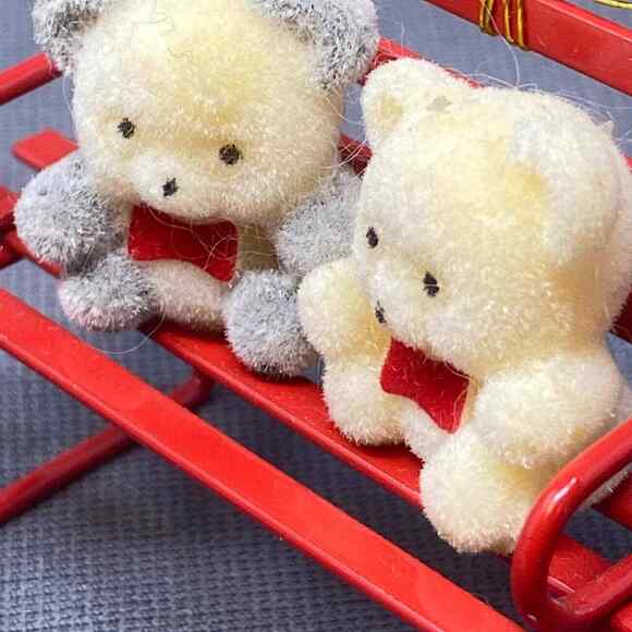 VTG Avon Flocked Christmas Ornaments Teddies in Wagon Teddy Bear on Bench NOEL - Picture 5 of 12